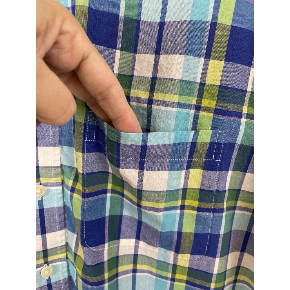 Brooks Brothers 346 Men’s L Cotton Short Sleeve Shirt Blue Green Plaid Pocket - Picture 8 of 8